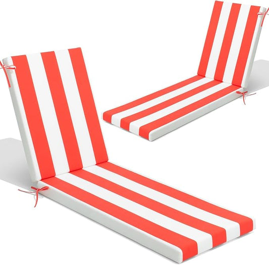 Crestlive Products Chaise Lounge Cushions Set of 2, Outdoor Cushions for Patio Furniture, Water Resistant Lounge Chair Cushion for Pool, Deck, Lawn, 72''L x 21''W, Red White Stripe