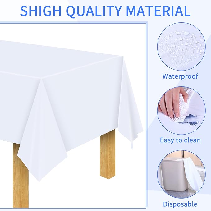 Preboun 54 Inch x 100 Feet Plastic Table Cloth Disposable Table Cover Roll Plastic Tablecloth with Convenient Slide Cutter Box for Party Picnic Banquet Kid's Activities (White)
