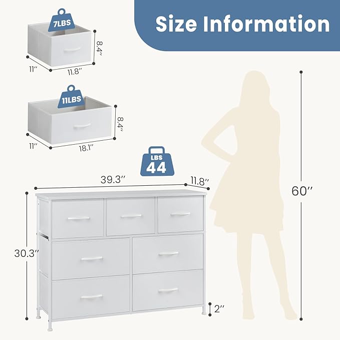 DUMOS Dresser for Bedroom with 7 Fabric Drawers, Chest Organizer Units for Clothing, Closet, Bedroom, Storage Tower with Cabinet, Metal Frame, Wooden Top, Lightweight Nursery Furniture, White