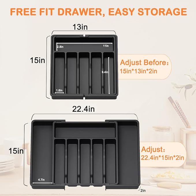 Silverware Drawer Organizer - Expandable Deep Utensil Organizer for Kitchen Drawers(White)