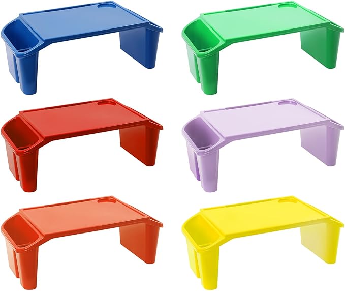6 Pcs Kids Lap Desk Tray, Plastic Breakfast Lap Desk Trays with Side Pockets and Slot, Portable Lap Table Snack Tray for Eating, Writing, Drawing, Game, 19.69" L x 9.84" W x 7.1" H (6 Colors)