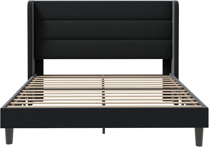 SHA CERLIN Queen Size Velvet Bed Frame/Vertical Channel Tufted Wingback Headboard/Upholstered Platform Bed with Wooden Slats/Mattress Foundation/No Box Spring Needed/Easy Assembly/Black
