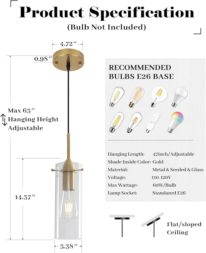 Gold Glass Pendant Lights, Island Pendant Lights for Kitchen, Blown Glass Pendant Light 2 Packs, Modern Kitchen Pendant Light, Hanging Pendant Lights for Kitchen Island, Dining Living Room
