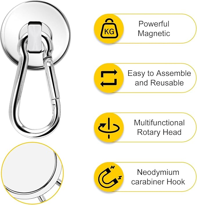 DIYMAG Magnetic Hooks, 70LBS Heavy Duty Neodymium Magnetic Hooks with Swivel Carabiner Hook,Great for Your Refrigerator and Other Magnetic Surfaces, Pack of 15