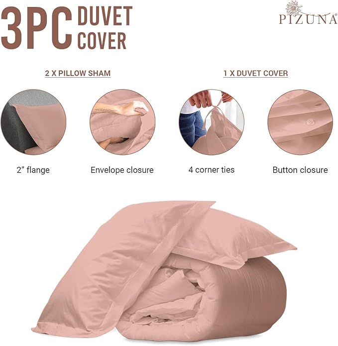 Pizuna Pure 100% Cotton King Duvet Cover Set, Luxurious 400 Thread Count Long Staple Cotton Sateen Weave with Button Closure (Combed Misty Rose Cotton Duvet Cover King)