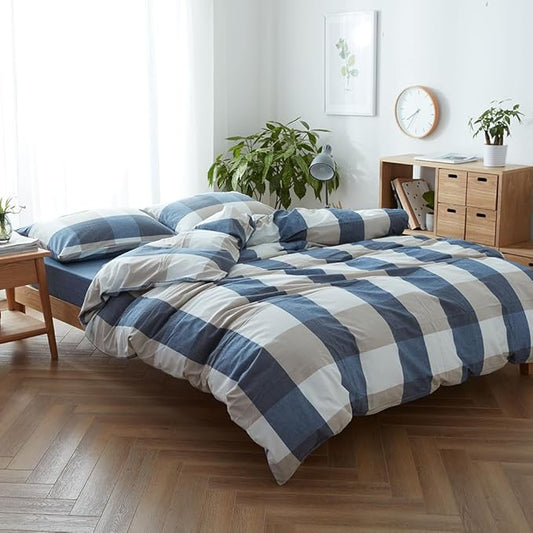 FACE TWO FACE Bedding Duvet Cover Set100% Washed Cotton Duvet Cover Linen Like Textured Breathable Durable Soft Comfy (Full, Blue and White Grid)