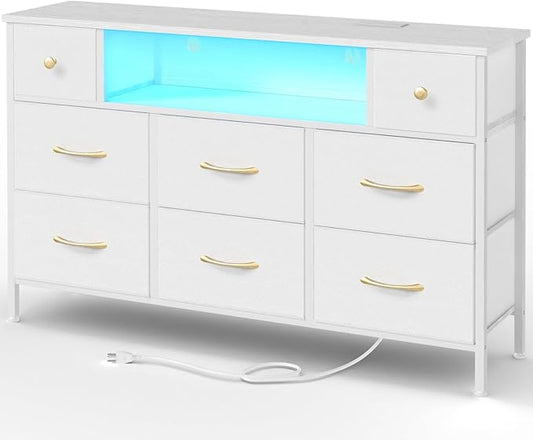 Fixwal Dresser for Bedroom with Power Outlets and LED Lights, White 55" TV Stand with 8 Drawers, Fabric Chest of Drawers with PU Finish for Living Room, Entryway
