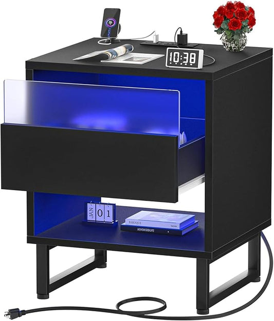 Black Nightstand with LED Lighting & Outlet & Drawer Light Modern Bedside Table with Charging Station, Drawer and Shelf for Bedroom Dorm Room Decor 18.89x15.74x21.25