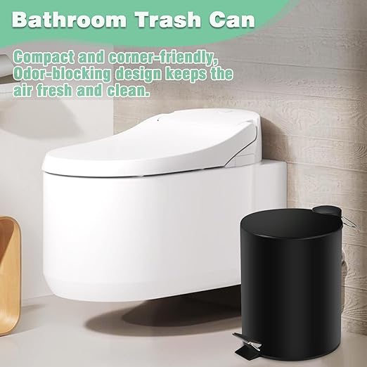 URALFA 2 Pack Small Bathroom Trash Can with Lid Soft Close, Step Pedal, 5 Liter / 1.3 Gallon Stainless Steel Slim Garbage Can for Bedroom, Diaper Waste Basket with Removable Inner Bucket (Matte Black)