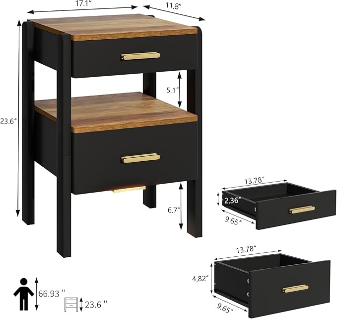 Nightstand with 2 Drawers and Open Shelf Wood Bedside Table Gold Handles Storage Night Stand with Light for Bedroom, Black and Brown