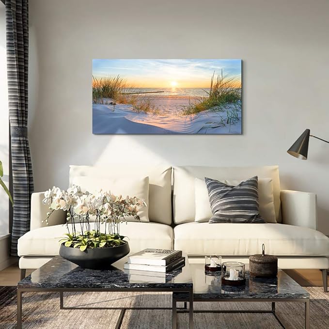 MHARTK66 Wall Decor For Living Room Large Canvas Wall Art For Bedroom Modern Office Pictures Wall Artwork Blue Sun Beach Grass Ocean Landscape Paintings Canvas Art Prints Home Decorations