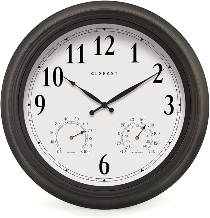 CLXEAST Outdoor Clocks for Patio Large Waterproof with Thermometer,18 inch Outdoor Wall Clock with Temperature and Humidity Combo,Weatherproof,Oil Rubbed Bronze