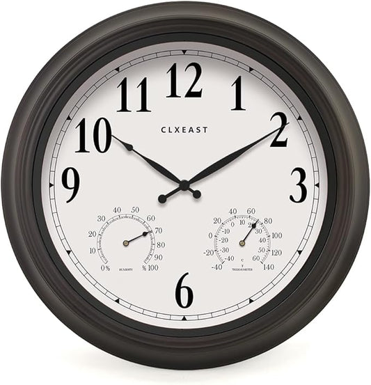 CLXEAST Outdoor Clocks for Patio Large Waterproof with Thermometer,18 inch Outdoor Wall Clock with Temperature and Humidity Combo,Weatherproof,Oil Rubbed Bronze