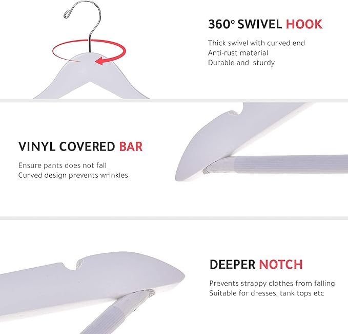 30 Quality Wooden Hangers - Slightly Curved Hanger 30-Pack Sets - Solid Wood Coat Hangers with Stylish Chrome Hooks - Heavy-Duty Clothes, Jacket, Shirt, Pants, Suit Hangers (White, 30), 17.5 inch