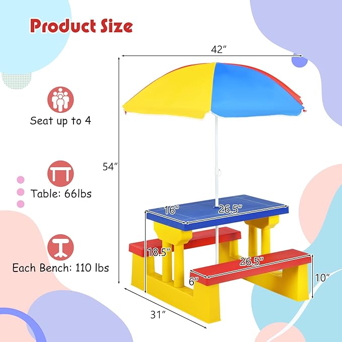 DORTALA Kids Picnic Table, Outdoor Toddler Table and Bench Set with Removable Umbrella, Plastic Kids Activity Table Set for Backyard, Garden, Nursery, Gift for Boys Girls Age 3+, Colorful