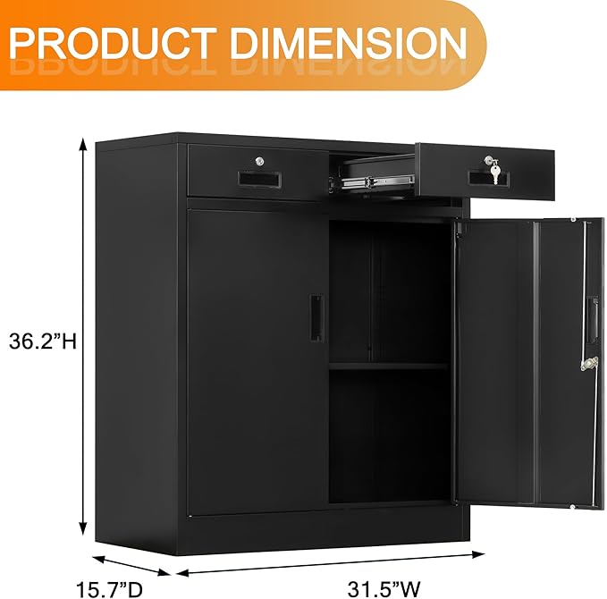 Storage Cabinet, 36 Inch Tall Metal Storage Cabinet with Doors and Shelves, Metal Cabinet with Drawers, Pantry Cabinets for Kitchen Storage, Garage Cabinet for Living, Dining Room.