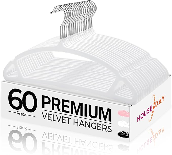 HOUSE DAY White Velvet Hangers 60 Pack, Luxury Non Slip Felt Hangers, Space Saving Clothes Black Hanger Heavy Duty, No Shoulder Bump Focked Hanger with 360° Swivel Hook for Closet