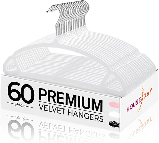 HOUSE DAY White Velvet Hangers 60 Pack, Luxury Non Slip Felt Hangers, Space Saving Clothes Black Hanger Heavy Duty, No Shoulder Bump Focked Hanger with 360° Swivel Hook for Closet