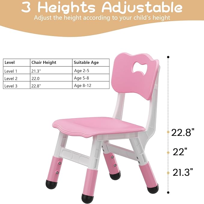 GAOMON Kids Chair, 3 Level Height Adjustable Kid Chair, Plastic Toddler Chairs for Children Boys Girls Age 2-6, Suitable for Home Family Classroom Nursery Indoor Use (2 Pack, Pink)