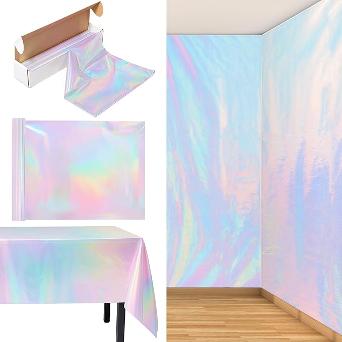 Preboun 82 ft x 54 Inch Iridescent Tablecloth Roll Disposable Plastic Laser Table Cover Holographic Wallpaper Backdrop for Mermaid Birthday Disco Wedding Bachelorette Party Decoration Supplies