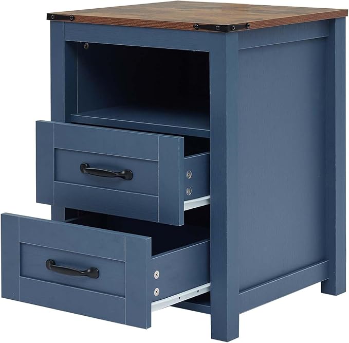 Farmhouse Nightstand with 2 Storage Drawers, Blue Wood Bedside Table, Sturdy End Table with Shelf for Bedroom, Dorm, Living Room, Blue