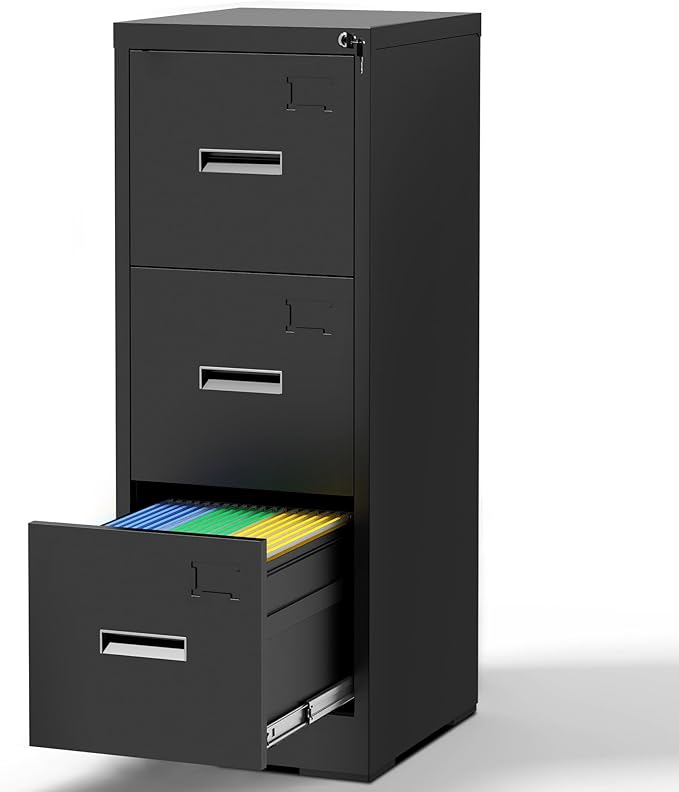 AQY 3 Drawer File Cabinet with Lock, Metal Black Filing Cabinet for Home Office, 18" Deep Heavy Duty Vertical Storage Cabinet for Hanging A4/Letter/Legal Size Files, Assembly Required