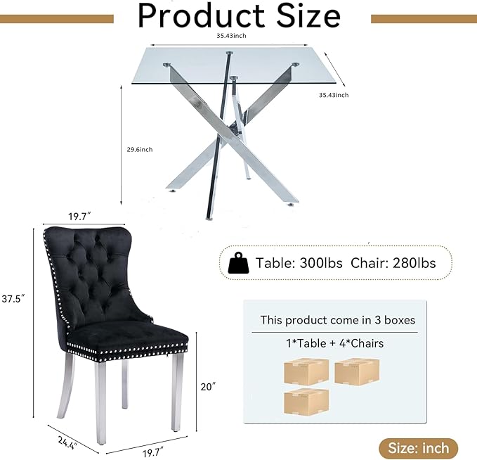 Goujxcy Glass Dining Table Set for 4, Modern Kitchen Table and Chairs Set of 4, 5-Piece Kitchen Dining Room Table Set w/36 Square Silver Glass Dining Table and 4 Black Velvet Upholstered Chairs