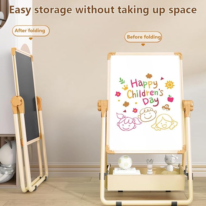 Adjustable Kids Drawing Easel with Magnetic Whiteboard&Chalkboard Double Sided Drawing Board Easy to Clean 360 ° Rotating, Ideal Christmas Gift for Children 36+ Months（50"X22.8"）