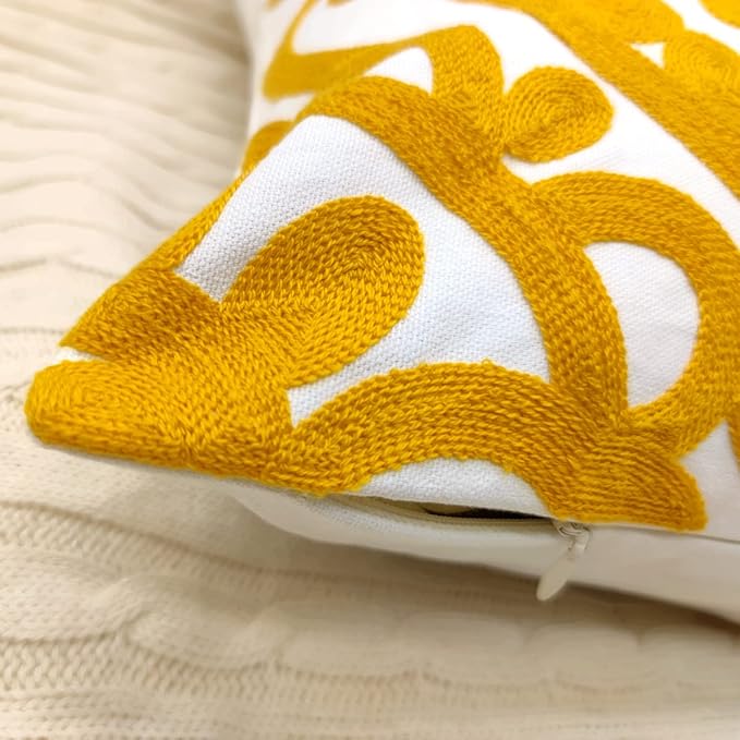 Alysheer Embroidered Decorative Throw Pillow Cover 18x18 inch, Cozy Warm Mandala Knit Pattern, Soft 100% Cotton Canvas Mustard Yellow Cushion Case for Sofa Couch Living Room Gifts (Gold)