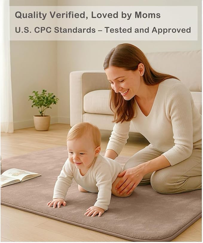 Thick Padded Baby Floor Play Mat 1.2" Cushioned Velvet Surface Non Slip Bottom High Density Foam Safe and Soft Floor Mat for Infants Toddlers and Playpen Use (Lightbrown, 50X 50)
