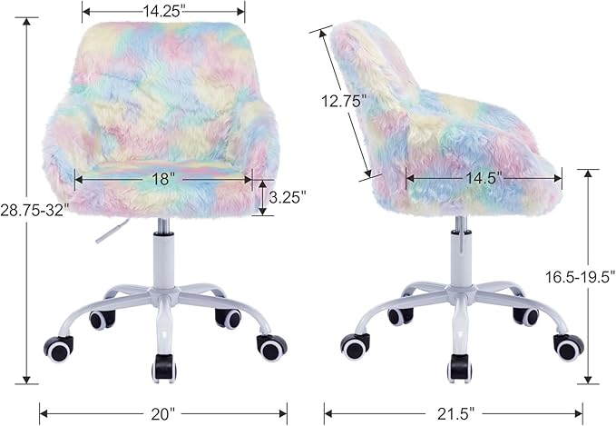 DUOMAY Kids Desk Chair, Faux Fur Colorful Upholstered Computer Chair for Boys and Girls, Cute Study Swivel Height Adjustable Arm Chair for Child, Rainbow Color