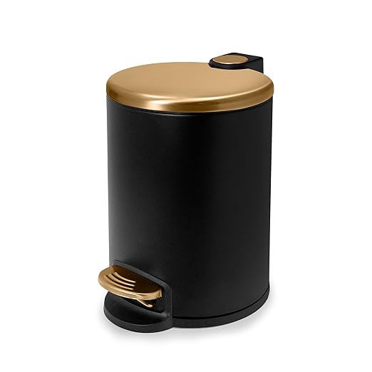 ACENTO 1.3 Gal Round Bathroom Trash Can with Lid – Stainless Steel Small Trashcan with Soft Close Pedal & Removable Liner – Compact Waste Bin for Bathroom, Bedroom, Dorm, Office – Matte Black & Gold