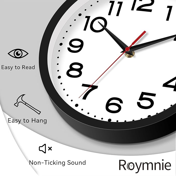 Wall Clock 12 Inch Silent Non-Ticking Modern Clock Battery Operated Classic Simple Minimalist Analog Decorative for Kitchen, Living Room,Office, Bedroom, Bathroom (Black)