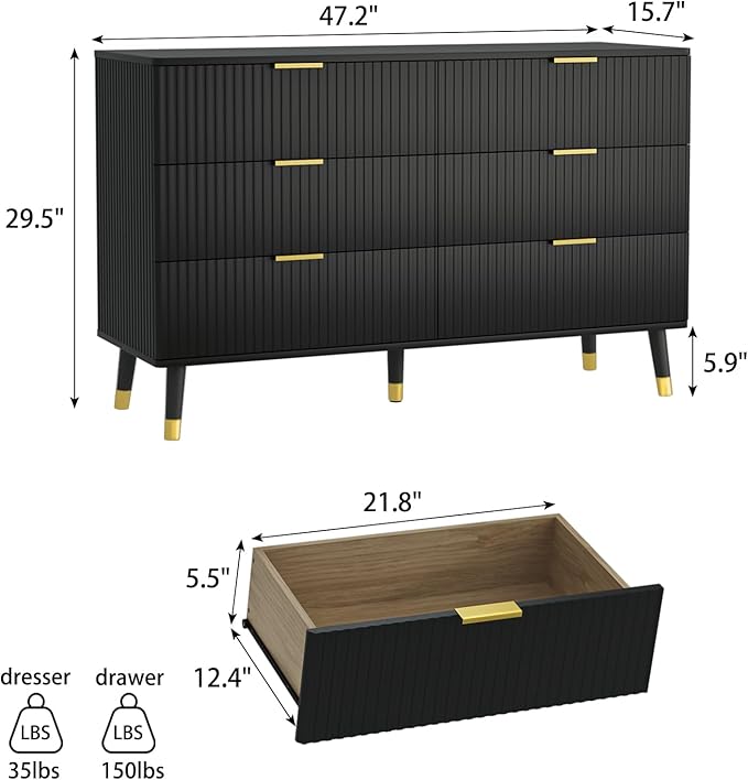 Black Dresser, Fluted 6 Drawer Dresser for Bedroom, Wooden Modern Chest of Drawers with Gold Metal Handles, Black