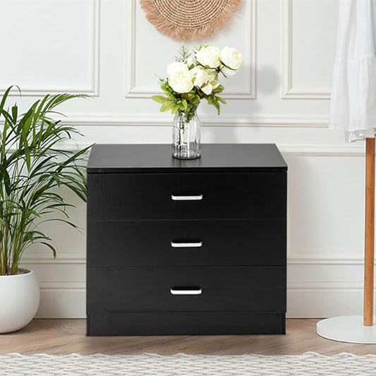 Black Night Stand, Bedside Table/Nightstand with 3 Drawers, Compact Side Table for Bedroom, College Dorm & Living Room, Wooden End Table Bedroom