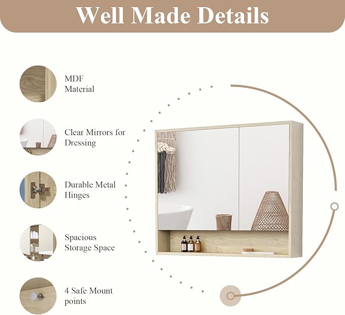 Bathroom Medicine Cabinet Mirror, 36" x 30" Bathroom Mirror with Storage, Medicine Cabinet Organizer with 2-Door for Laundry Room, Entryway