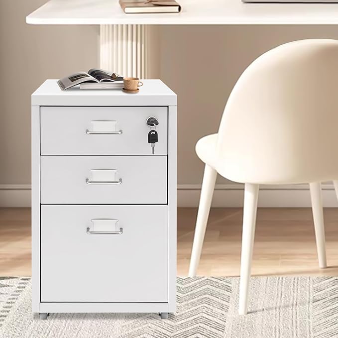 3 Drawer Rolling File Cabinet with Lock, 11 x 16 x 18.3in Filing Cabinet with Wheels, Wood Under Desk Office Storage Cabinet fits A4, Letter Sized Documents for Home Office (White)