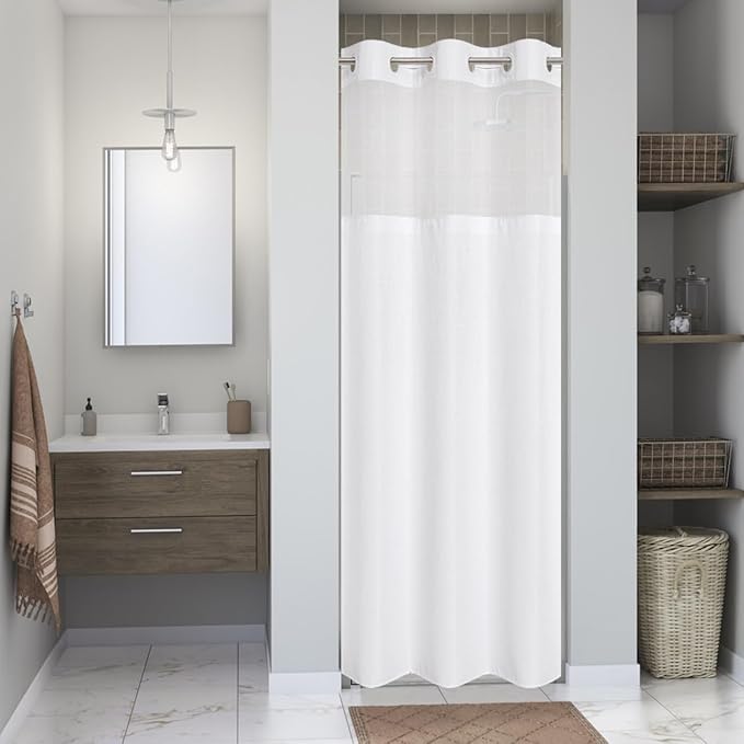 Stall No Hook Shower Curtain with Snap-in Fabric Liner Set,Waffle Weave Shower Curtains for Bathroom,Hotel Luxury Decor Bathroom Curtain Set,Waterproof & Washable,White,36Wx74H