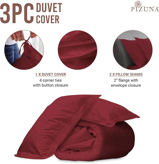 Pizuna Pure 100% Cotton Queen Duvet Cover Set, Luxurious 400 Thread Count Long Staple Cotton Sateen Weave with Button Closure (Combed Rio Red Cotton Duvet Cover Queen)