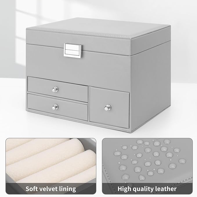 DesignSter Jewelry Organizer Box, 3 Layers Large Jewelry Box with Travel Jewelry Case and Removable Tray, Jewelry Storage Case with Mirror for Necklaces Earrings Rings Bracelets Watches (Gray)