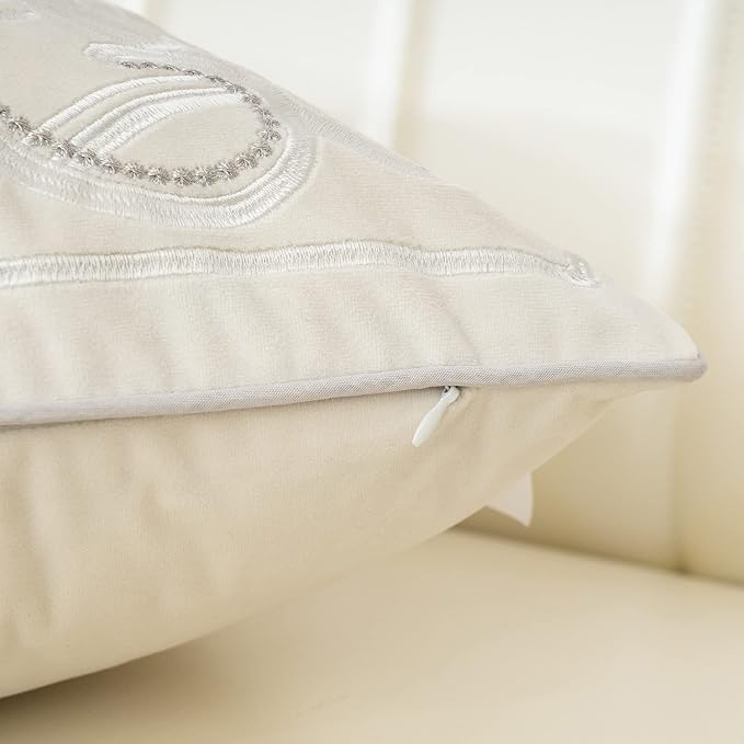 Aeckself European Floral Pillow Cover 20x20 Inch, Luxury Velvet Embroidered Decorative Throw Pillow Cover for Couch Bedroom Living Room, White Silver