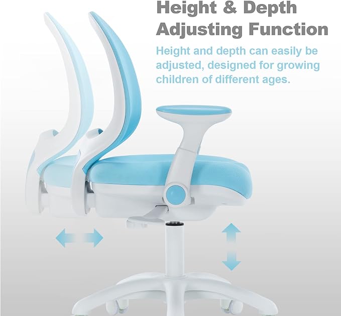 Kids Desk Chair, Boy's Girl's Child Children Study Office Computer Chair, Ergonomic Design, Adjustable Height and Seat Depth (Grey) (Sky Blue W/Armrests and Footrest)