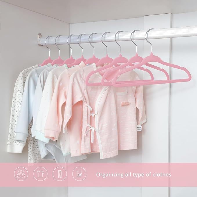 ManGotree 11'' Velvet Baby Hangers, Non-Slip Infant & Toddler Hangers, Ultra-Thin Nursery Hanger with 360° Swivel Hook, Space Saving Children's Hanger for Kids' Clothes, 15 Pack (Pink)