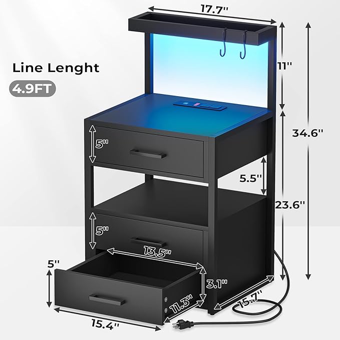AOGLLATI Nightstand Set of 2 with Charging Station and LED Lights, Bedside Table with 3 Drawers and Open Storage Shelves, 2 USB Ports and 2 AC Outlets, LED Night Stand for Bedroom, 2 Pack, Black