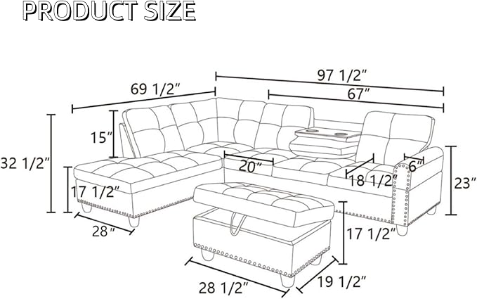 Leather 3-Piece L-Shaped Couches for Living Room, Sectional Sofa with Storage Ottoman & Movable Chaise, Modular Convertible Couch for Bedroom & Apartment, Deep Black