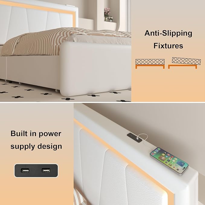 Full Bed Frame with 4 Storage Drawers and Adjustable Headboard, Upholstered Platform Bed with LED Lights and USB Ports, Solid Wooden Slats Support, Faux Leather, Easy Assembly, Beige