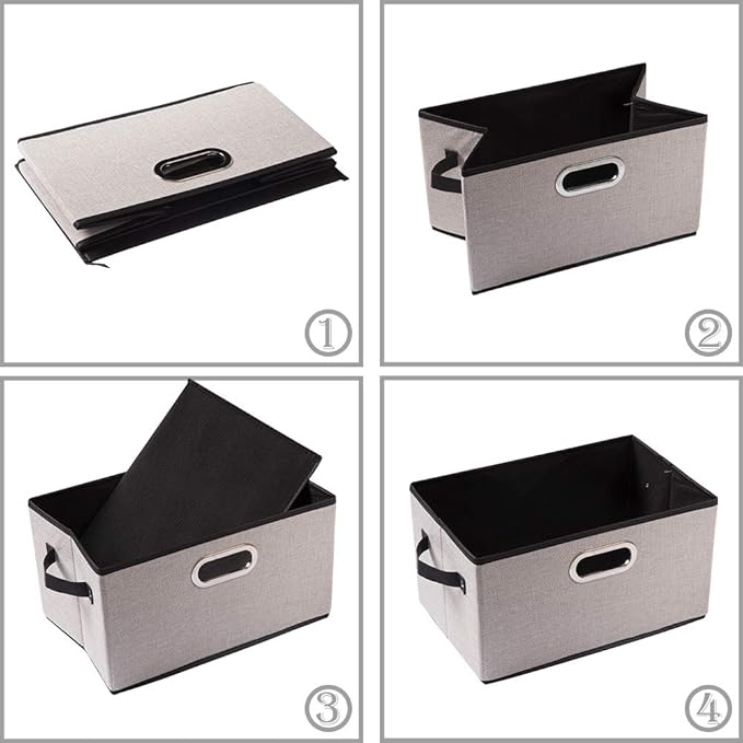 PRANDOM Large Fodable Storage Bins for Closet [3-Pack] Decorative Linen Fabric Storage Bins Cubes with Leather/Metal Handles for Shelves Bedroom Living Room Light Grey (14.9x9.8x8.3 Inch)