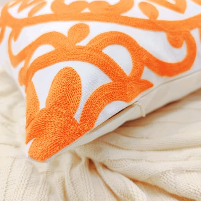 Alysheer Embroidered Decorative Throw Pillow Cover 20"x 20", Boho Mandala Modern Thick Embroidery Pattern, Durable Cotton Canvas Soft Cushion Case for Sofa Couch Bed Living Room (Bright Orange)