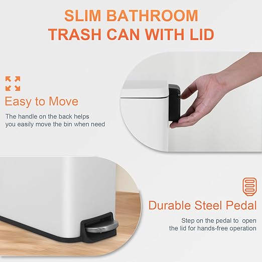 PayLessHere 1.3 Gallon Stainless Steel Slim Trash Can with Foot Pedal and Removable Inner Bucket for Bathroom, Kitchen, or Bedroom