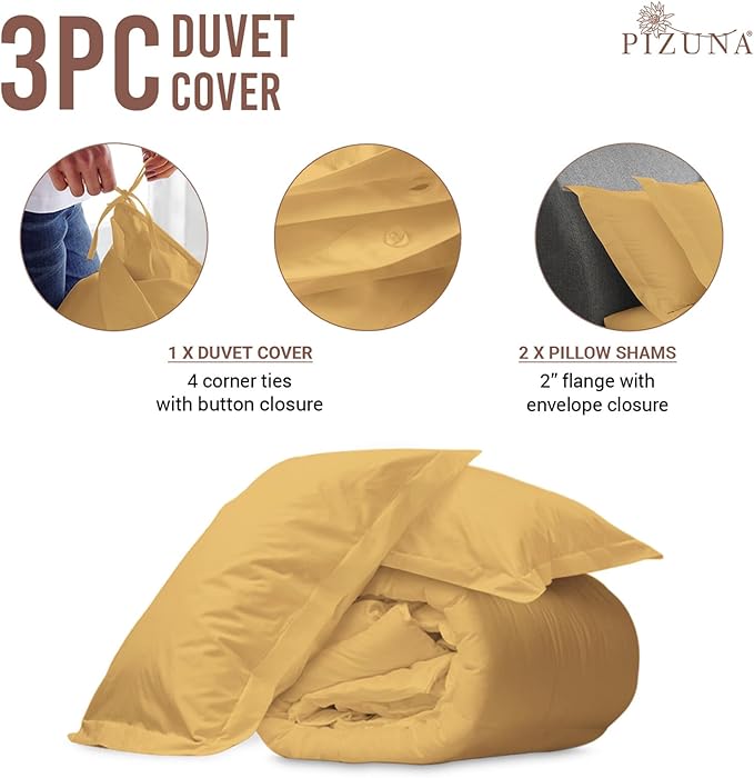 Pizuna Pure 100% Cotton Queen Duvet Cover Set, Luxurious 400 Thread Count Long Staple Cotton Sateen Weave with Button Closure (Combed Golden Yellow Cotton Duvet Cover Queen)
